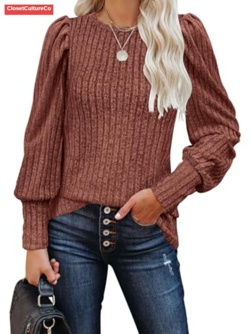 Women's Ribbed Knit Puff Sleeve Crew Neck Tunic Top Casual Blouse
